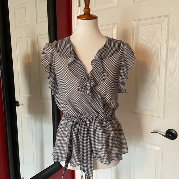 Max Studio Navy & White Gingham Ruffled Top-Size M - Picture 1 of 8